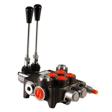 Distributor hidrolik monoblok 2P80 dengan kendali pneumatik/mekanik.
