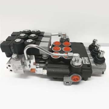 Distributor hidrolik monoblok 3P80 dengan katup listrik 24V.