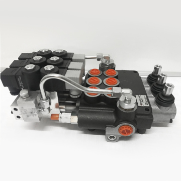 Distributor hidrolik monoblok 3P80 dengan katup listrik 24V.